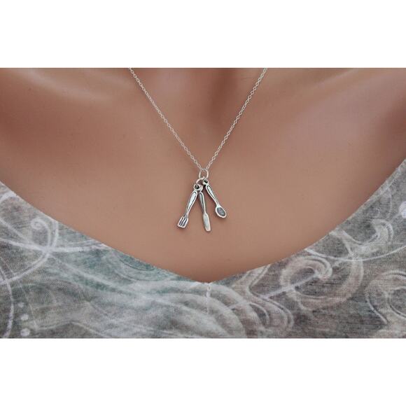 Sterling Silver Cutlery Necklace, Fork, Spoon, and Knife Necklace - Picture 1 of 4